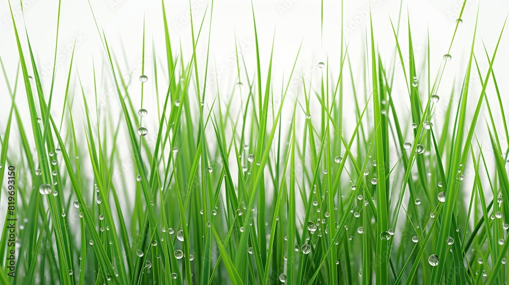 A detailed 3D rendering of tall grass blades with morning dew drops, each blade distinct and vibrant, against a pure white background. A detailed 3D rendering of tall grass blades with morning dew drops, each blade distinct and vibrant, against a pure white background.