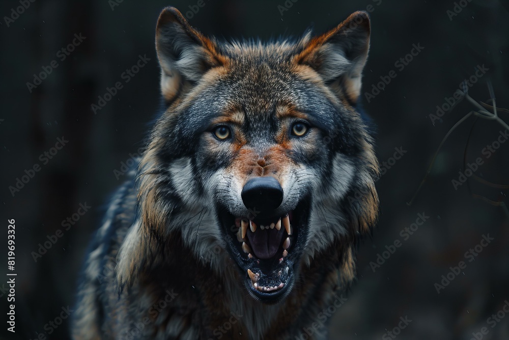 Wolf with open mouth in dark wood, high quality, high resolution