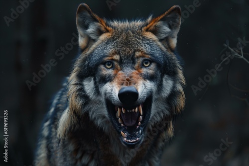 Wolf with open mouth in dark wood, high quality, high resolution