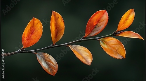  An image featuring a tree branch with orange and green leaves against a dark green background