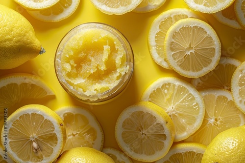 Lemon exfoliating scrub on a yellow background with lemon slices photo