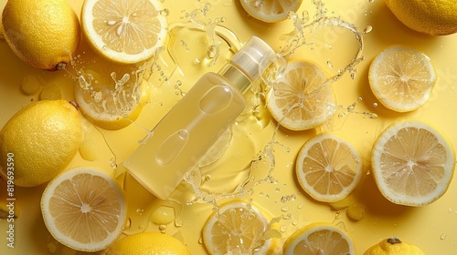 Lemonscented face mist on a yellow background with lemon slices and juice splashes photo