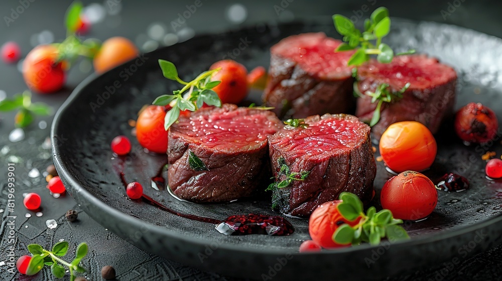 A clearer and more concise description would be A close-up of a plate with meat, vegetables, tomatoes, and cherry tomatoes A clearer and more concise description would be A close-up of a plate with meat, vegetables, tomatoes, and cherry tomatoes