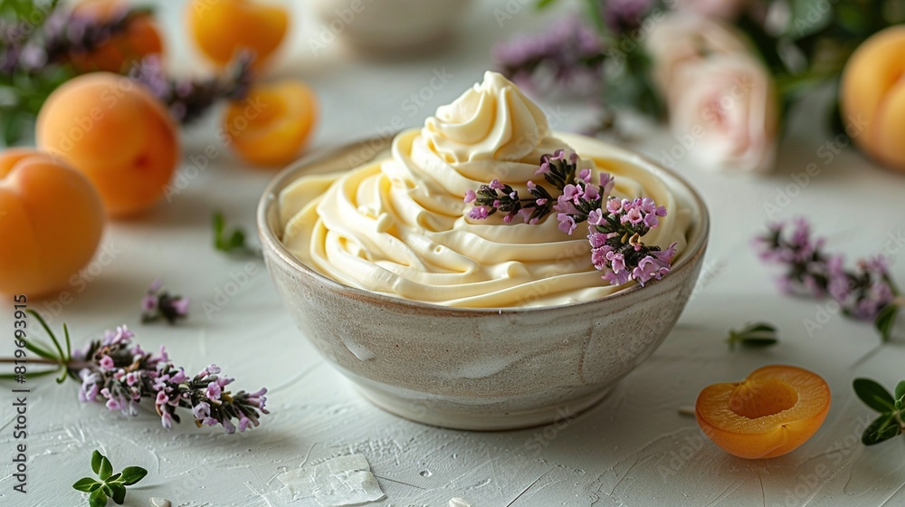 A close-up of a bowl of food on a table with oranges and other fruits in the background A close-up of a bowl of food on a table with oranges and other fruits in the background