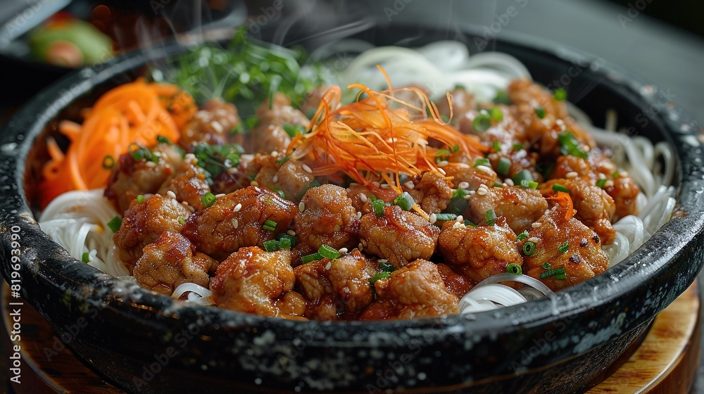 A bowl of food with meat and veggies on top of noodles and carrots A bowl of food with meat and veggies on top of noodles and carrots