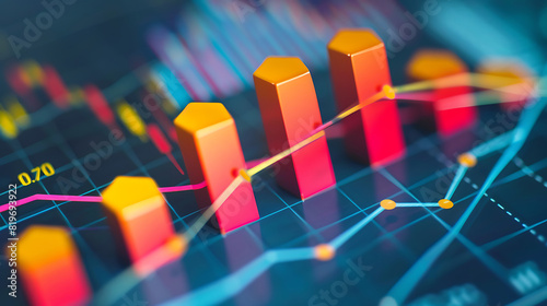Colorful financial chart using bars and arrows to illustrate market data growth trends
