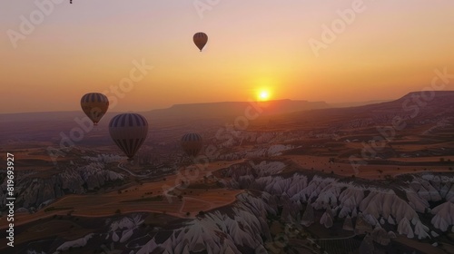 Hot air balloons flying over the Botan Canyon in TURKEY 