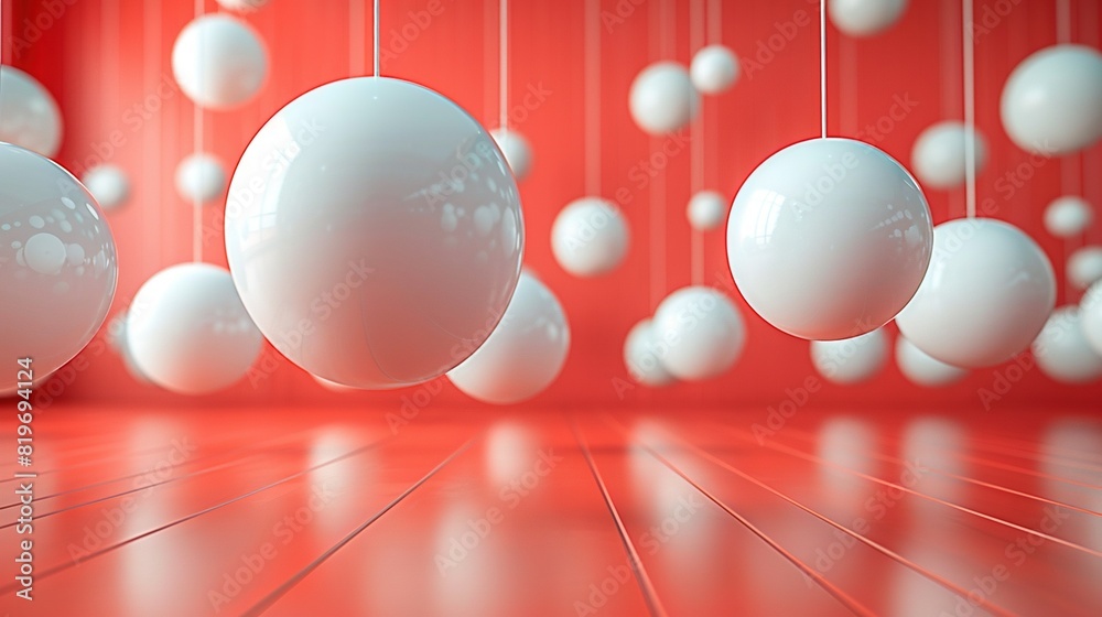 A room with red walls and white balls dangling from the ceiling A room with red walls and white balls dangling from the ceiling
