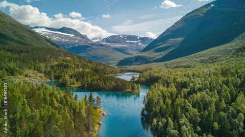 Scenic aerial view of the mountain landscape with a forest and the crystal blue river in Jotunheimen National 