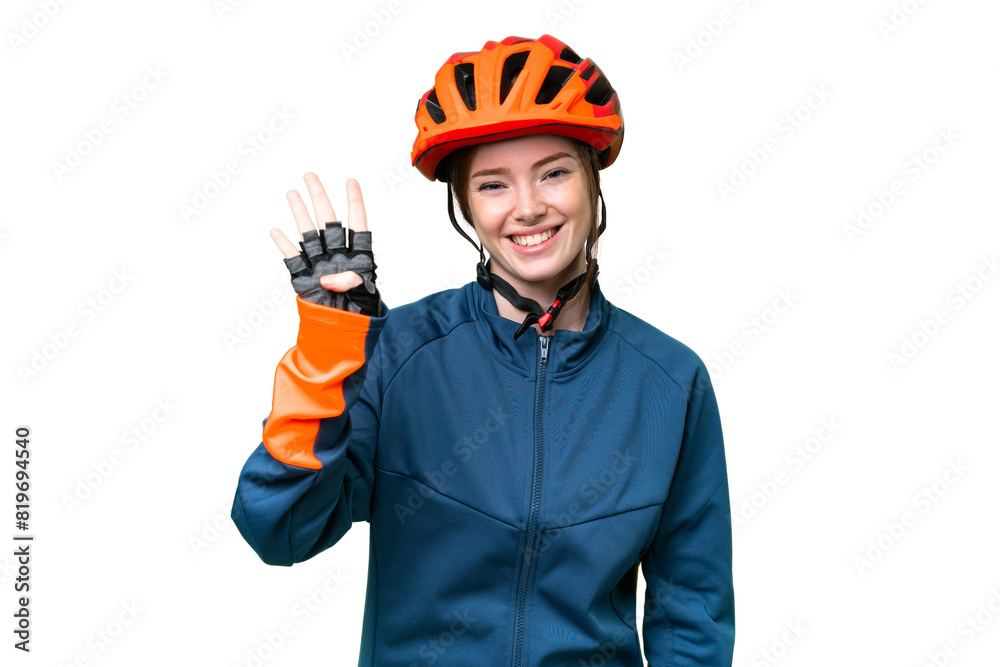 Young cyclist woman over isolated chroma key background happy and counting four with fingers Young cyclist woman over isolated chroma key background happy and counting four with fingers