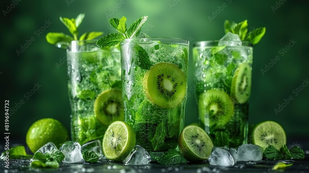 A table holds a glass of ice with sliced kiwis and mints A table holds a glass of ice with sliced kiwis and mints