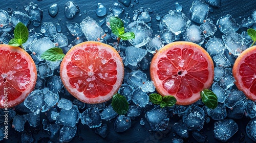   Grapefruits perched on ice, alongside mints and watermelon slices photo