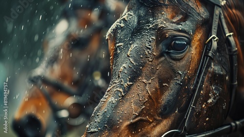 A closeup of a racehorses determined face and flared nostrils, focusing intensely during a highstakes race