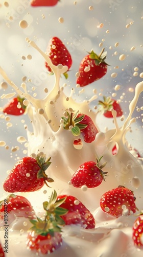 Strawberries in Milk Splash - Dynamic image of fresh strawberries splashing into milk  capturing the vibrant motion and delicious freshness. Perfect for food and drink themes.