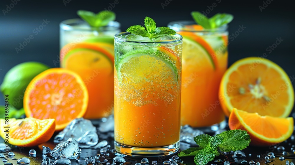 A group of oranges and limes on a table with an orange juice glass containing ice and mint A group of oranges and limes on a table with an orange juice glass containing ice and mint