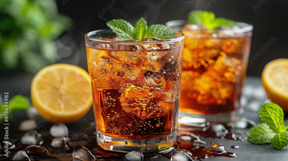 Two glasses of iced tea with lemon and mint on a table with ice and ice cubes Two glasses of iced tea with lemon and mint on a table with ice and ice cubes