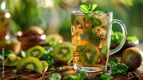  An iced tea glass with kiwi slices and mint on a table surrounded by kiwis