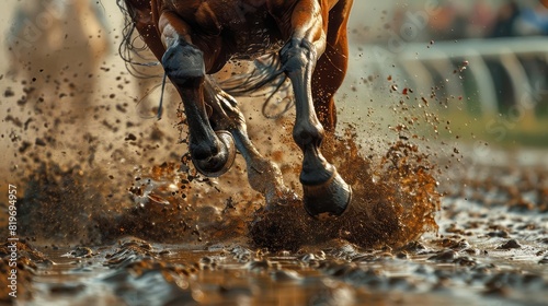 A detailed depiction of a racehorses powerful legs and hooves, capturing the moment of explosive power as it races on a muddy track photo
