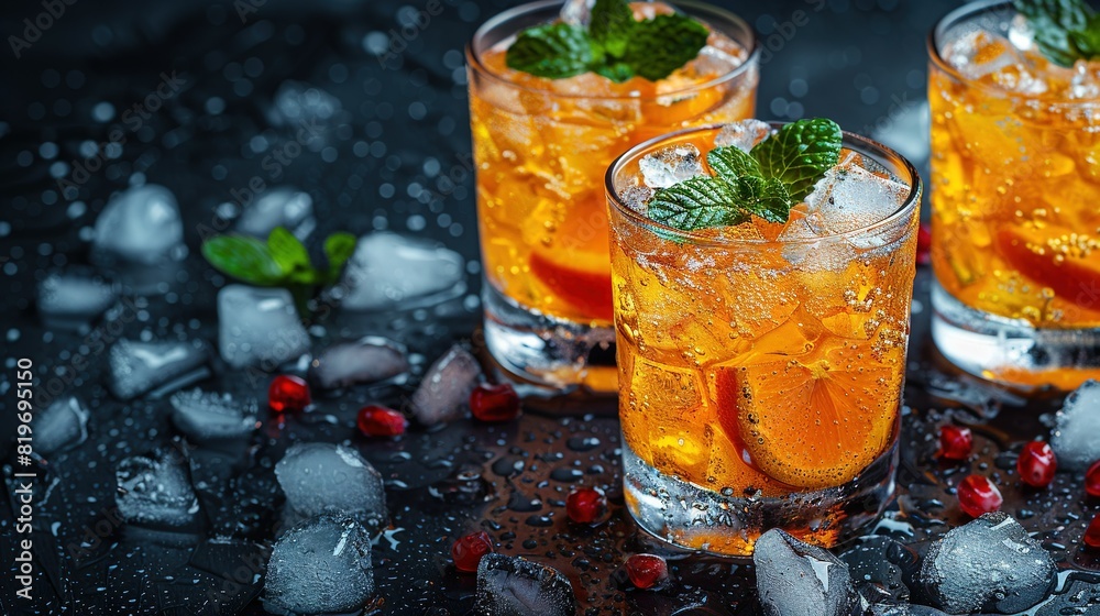 Three glasses of ice tea with mint and cranberry garnishes on a black table with ice and cranberries Three glasses of ice tea with mint and cranberry garnishes on a black table with ice and cranberries