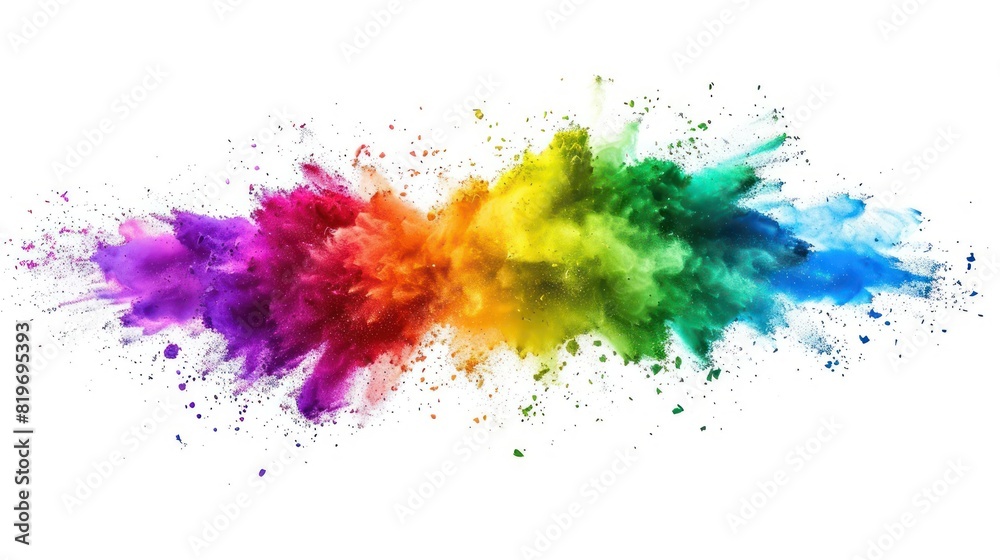 Dynamic horizontal rainbow powder splash design, featuring a burst of vibrant colors against a clean white backdrop. 