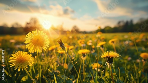 Beautiful meadow field with fresh grass and yellow dandelion flowers in nature. 