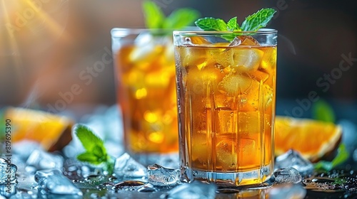   A close-up image of an ice tea glass with a mint garnish on its rim