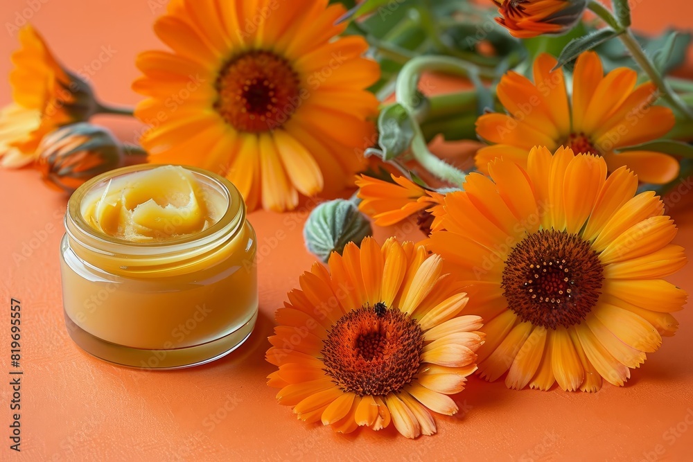 Calendula healing balm on an orange background with calendula flowers Calendula healing balm on an orange background with calendula flowers