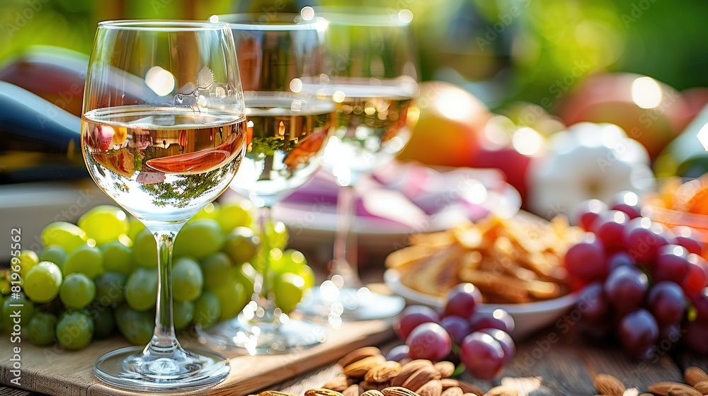   A few glasses of wine on a wooden table beside grapes and nuts