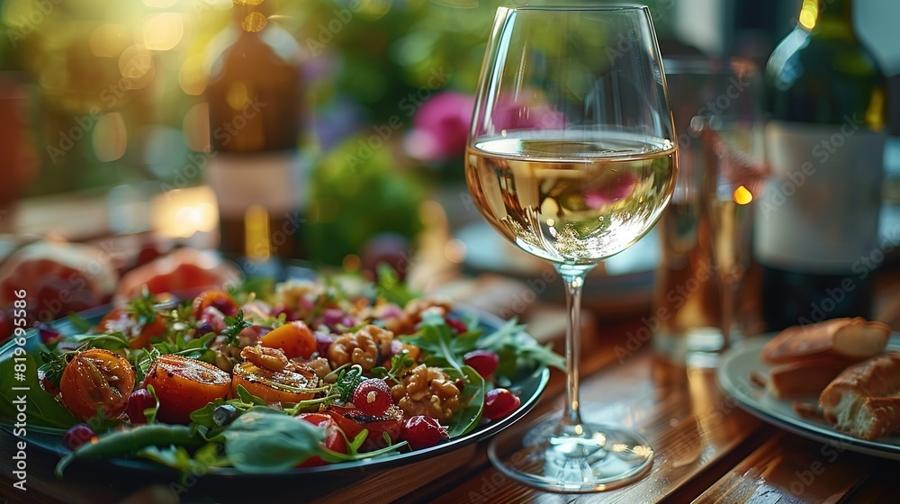 A close-up of a plate with food, wine glass & bottle in background A close-up of a plate with food, wine glass & bottle in background