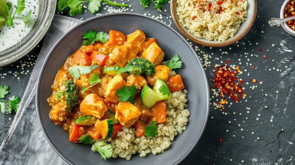 Chicken curry with quinoa and steamed vegetables in a bowl on a gray table closeup, healthy balanced diet, flat lay Chicken curry with quinoa and steamed vegetables in a bowl on a gray table closeup, healthy balanced diet, flat lay