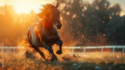 A majestic black racehorse with a shiny coat, galloping fiercely during a sunset race, dust flying under its hooves photo