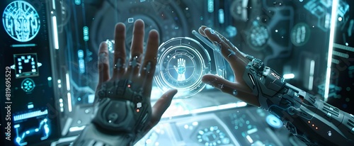 Artificial intelligence, advanced, human body, full body, outstanding, grab the control panel icon with your hand to decipher the future Han photo technology The overall mood is cinematic and futurist photo