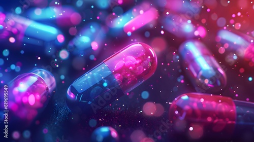 a set of pills in a dark neon lit room