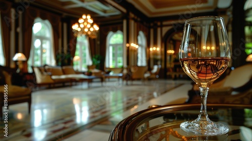   A glass of wine sits on a table in a room with chandeliers hanging from the ceiling © Shanti