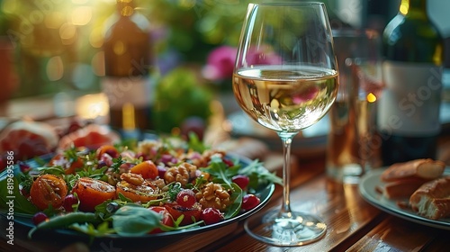   A close-up of a plate with food  wine glass   bottle in background