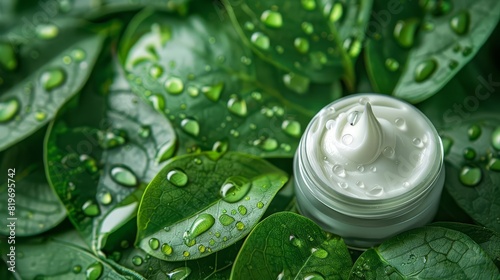Collagen cream on a green leafy background with dew drops photo