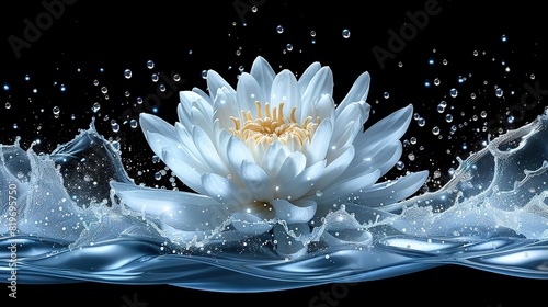   A white bloom drifting atop a tranquil pond  its petals glistening with droplets