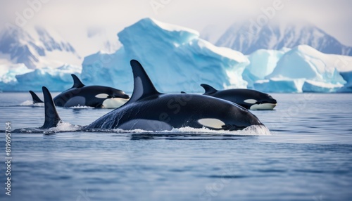 Groups of Orcas or killer whales swim and hunt for prey, the top of the food chain in a sea of ​​ice floes