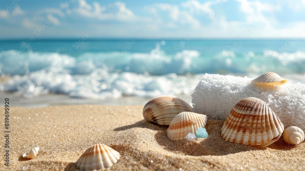 Face scrub on a sandy beach background with seashells and calm ocean waves Face scrub on a sandy beach background with seashells and calm ocean waves