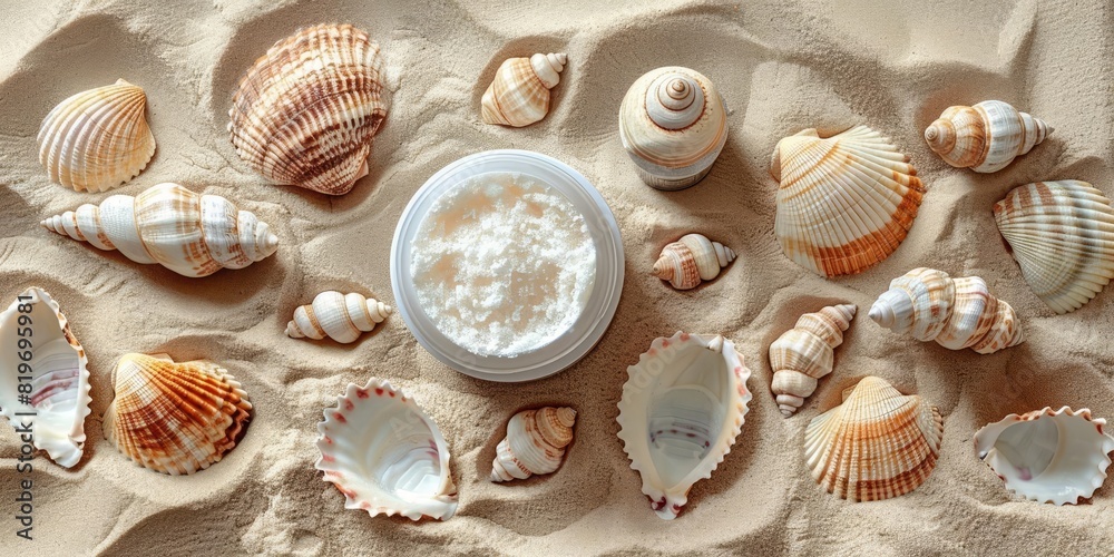 Face scrub on a sandy beach background with seashells and calm ocean waves Face scrub on a sandy beach background with seashells and calm ocean waves