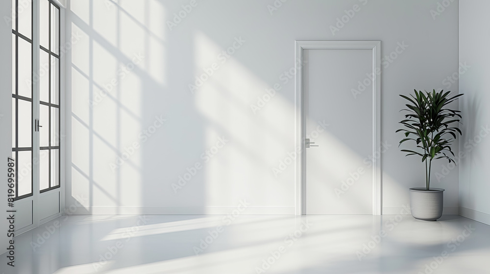 An empty room with a door, large windows casting shadows, and a potted plant, on a clean background, concept of minimalism. Generative AI An empty room with a door, large windows casting shadows, and a potted plant, on a clean background, concept of minimalism. Generative AI