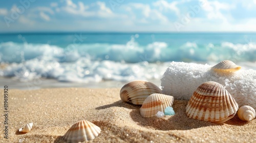 Face scrub on a sandy beach background with seashells and calm ocean waves © Rainister