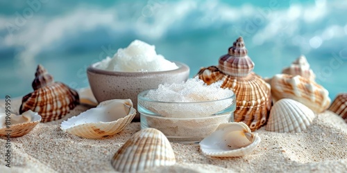 Face scrub on a sandy beach background with seashells and calm ocean waves