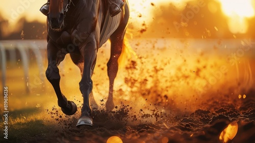 A majestic black racehorse with a shiny coat, galloping fiercely during a sunset race, dust flying under its hooves