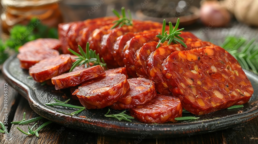 A close-up of a plate of sliced sausages with herbs, placed on a wooden table A glass of beer is visible in the background A close-up of a plate of sliced sausages with herbs, placed on a wooden table A glass of beer is visible in the background