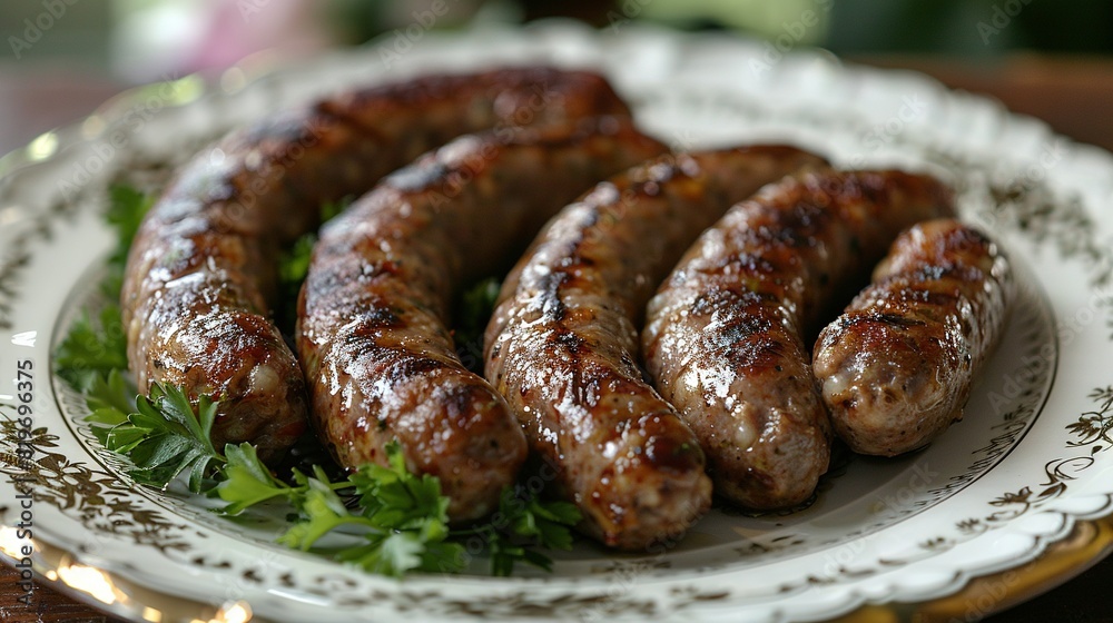 A white plate holds sausages atop a green leafy plant cover on a wooden table A white plate holds sausages atop a green leafy plant cover on a wooden table