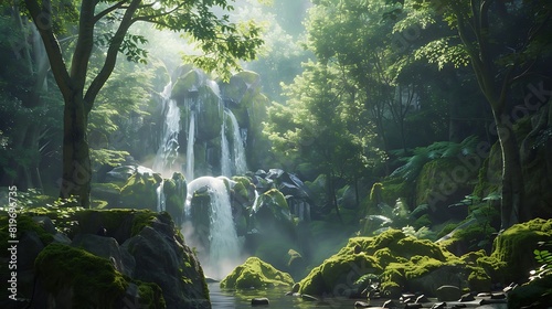 A cascading waterfall surrounded by moss-covered rocks and towering trees in a pristine forest.