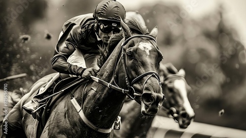 A nostalgic black and white photo style image of a historic racehorse race, with vintage clad jockeys and classic race attire