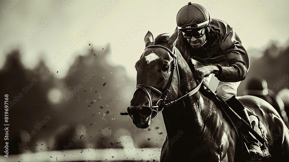 A nostalgic black and white photo style image of a historic racehorse race, with vintage clad jockeys and classic race attire A nostalgic black and white photo style image of a historic racehorse race, with vintage clad jockeys and classic race attire