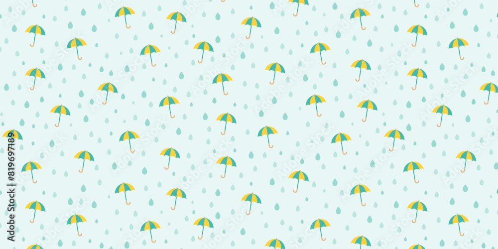 梅雨の季節に使える、緑色と黄色の傘と雫の青いベクター背景画像